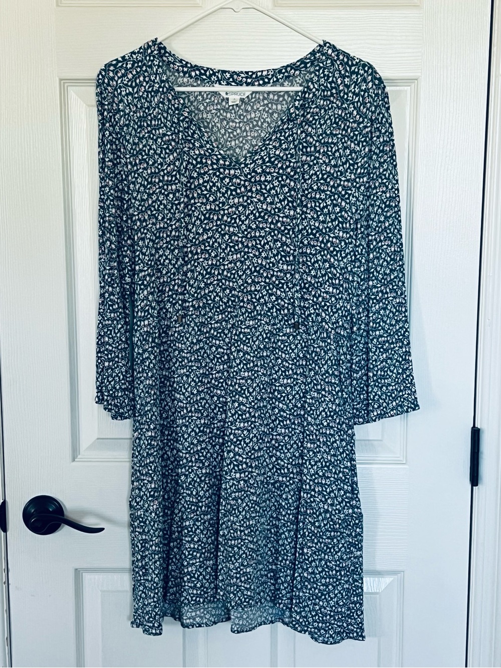 Market & Spruce Cassi ruffle neck shift Teal Floral Tie-Front Tiered Mini Dress